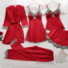Load image into Gallery viewer, 5Pcs Women's Satin sexy lace patchwork pajamas and gowns set