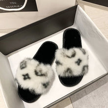Load image into Gallery viewer, 2021 Autumn and winter printing word flat bottom casual hairy slippers women