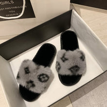 Load image into Gallery viewer, 2021 Autumn and winter printing word flat bottom casual hairy slippers women