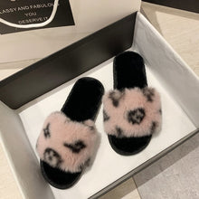 Load image into Gallery viewer, 2021 Autumn and winter printing word flat bottom casual hairy slippers women