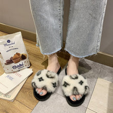 Load image into Gallery viewer, 2021 Autumn and winter printing word flat bottom casual hairy slippers women