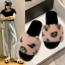 Load image into Gallery viewer, 2021 Autumn and winter printing word flat bottom casual hairy slippers women