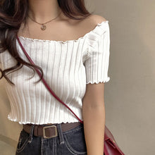 Load image into Gallery viewer, Women's elastic Ruffle off shoulder knitted short sleeve