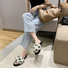 Load image into Gallery viewer, 2021 Autumn and winter printing word flat bottom casual hairy slippers women