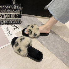 Load image into Gallery viewer, 2021 Autumn and winter printing word flat bottom casual hairy slippers women