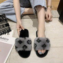Load image into Gallery viewer, 2021 Autumn and winter printing word flat bottom casual hairy slippers women