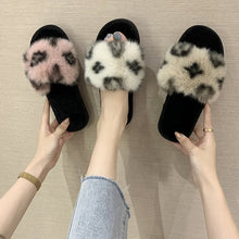 Load image into Gallery viewer, 2021 Autumn and winter printing word flat bottom casual hairy slippers women