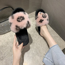 Load image into Gallery viewer, 2021 Autumn and winter printing word flat bottom casual hairy slippers women