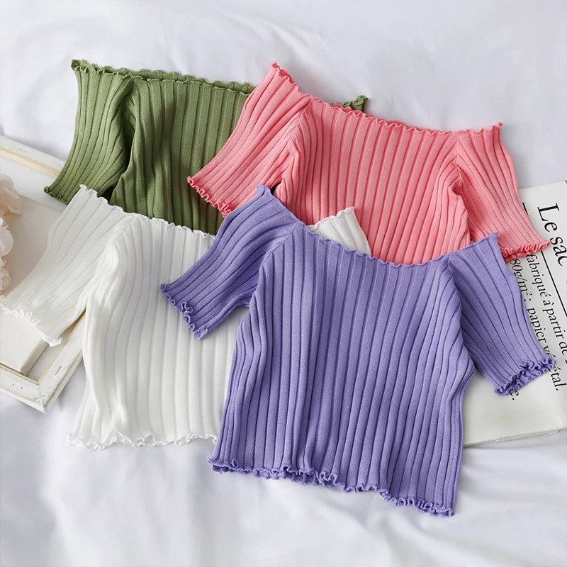 Women's elastic Ruffle off shoulder knitted short sleeve