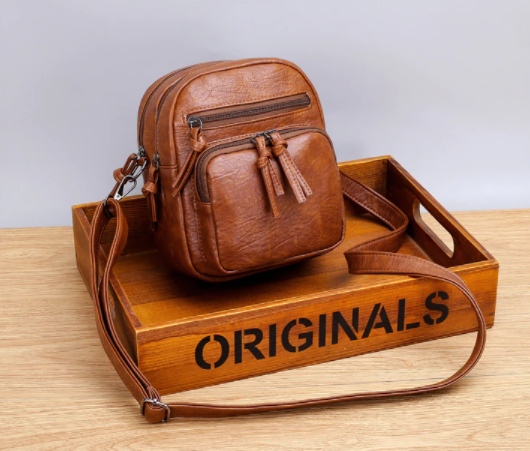Three-layer Pocket Shoulder Bag Retro Washed Pu Leather Crossbody Bag