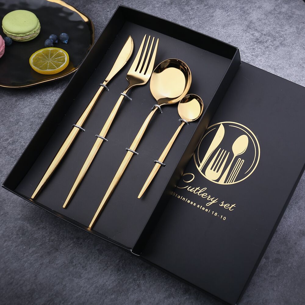 304 Stainless Steel Golden Cutlery  Fork Spoons Knives Set 4Pcs