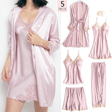 Load image into Gallery viewer, 5Pcs Women&#39;s Satin sexy lace patchwork pajamas and gowns set
