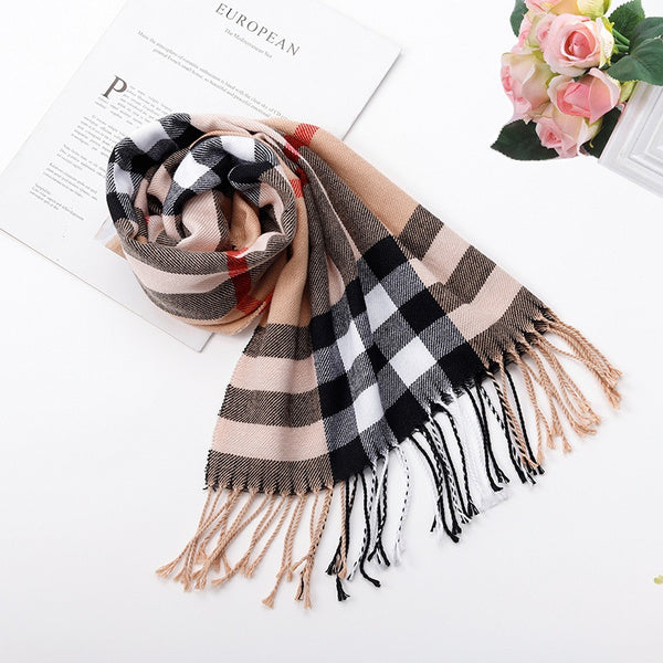 Winter Fashion Plaid Fringed Cashmere Blanket Premium Scarf
