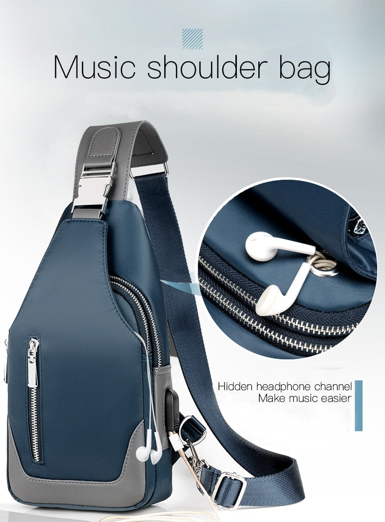 Men Casual Shoulder Crossbody Bag USB Charging Chest Bag Waterproof