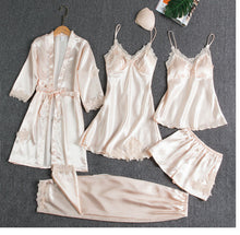 Load image into Gallery viewer, 5Pcs Women&#39;s Satin sexy lace patchwork pajamas and gowns set
