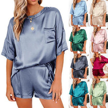 Load image into Gallery viewer, Women Satin Silky Pajama Set Short Sleeve T-shirt With Shorts
